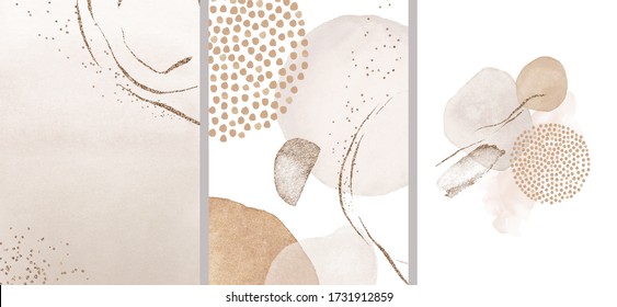 Blush, Pink, Ivory, Beige Watercolor Illustration And Gold Elements, On White Background. Abstract Modern Print Set. Logo. Wall Art. Posters.