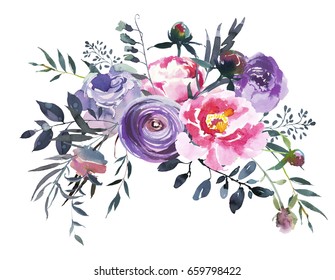 Watercolor Pink Flowers Grey Leaves Hand Stock Illustration 1305284374