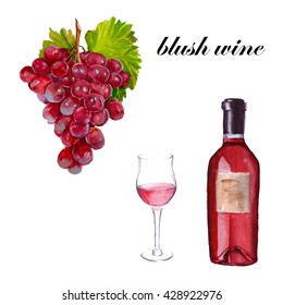 blush wine A bottle, a glass of wine and a bunch of red grapes. isolated. watercolor illustrations.
