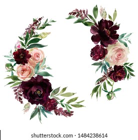 Blush Wine Colors Watercolor Floral Arrangements Isolated on White Background - Powered by Shutterstock