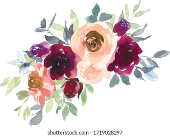 Blush Wine Colors Watercolor Floral Arrangements Isolated On White Background. Watercolor Floral Composition.  Hi-res File. Hand Painted. Raster Illustration.