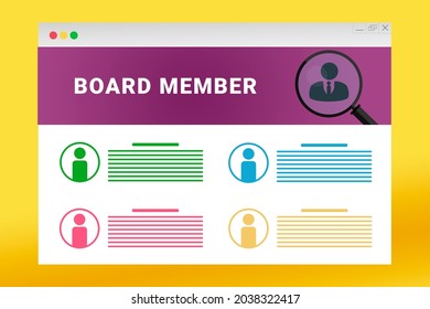 Board Member logo in header of site. Board Member text on job search site. Online with Board Member resume. Jobs in browser window. Internet job search concept. Employee recruiting metaphor