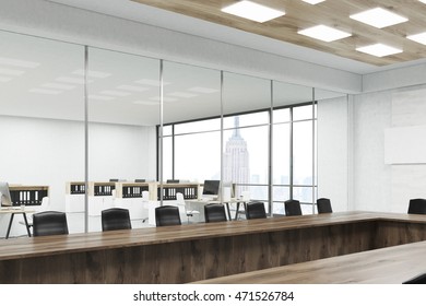 Board Room Interior With Long Dark Wood Table, Chairs And Cubicles Outside Glass Wall. Magnificent New York View. 3d Rendering. Mock Up