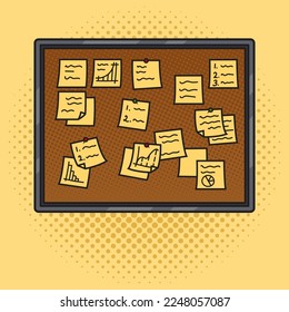 board with yellow post stickers and notes pinup pop art retro raster illustration. Comic book style imitation.