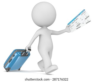 Boarding Pass. The dude 3D character holding suitcase and airline tickets.