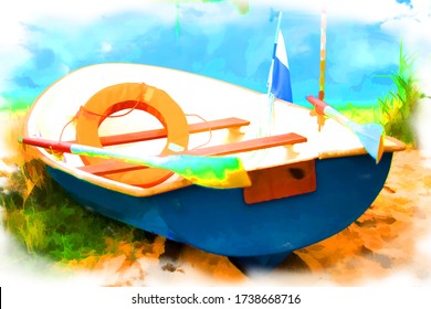 A Boat With Oars And A Lifebuoy Is Painted In Watercolor.