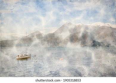 Boat the alpine lake and snow  capped mountains in the background  Natural idyll Lake Como  Lombardy  Italy  Watercolor Illustration 