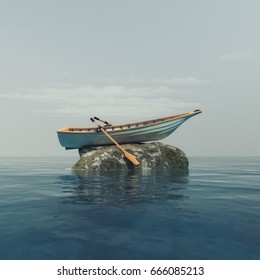 A Boat On Top Of A Rock In The Middle Of The Ocean. This Is A 3d Render Illustration