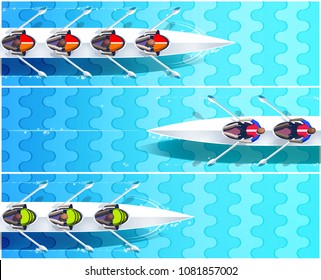 Boat Race With Canoes On A River.  Top View Of A Sculling Race.