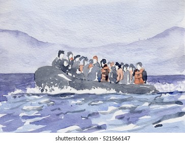 Boat Of Refugee Watercolor Painting