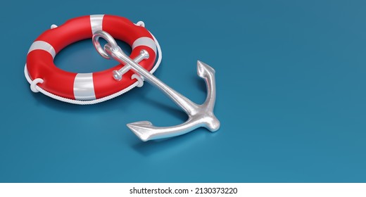 Boat Safety Equipment. Life Preserver And Ship Anchor On Blue Color Background, Copy Space. 3d Render

