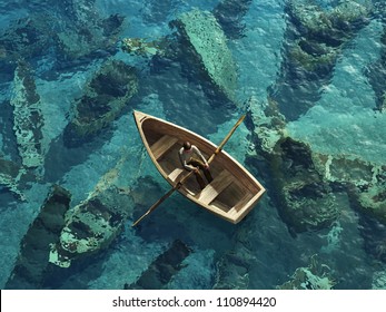 boat sails through the graveyard of sunken boats