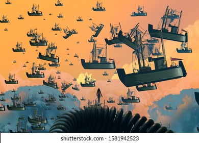 Boat. Sea Ship. Human Standing On An Edge. Imaginary World. Alternative Realm. Surrealism. Dreamlike Abstract Imaginary Image. 2d Illustration.