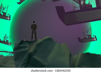 Boat. Sea Ship. Human Standing On An Edge. Imaginary World. Alternative Realm. Surrealism. Dreamlike Abstract Imaginary Image. 2d Illustration.