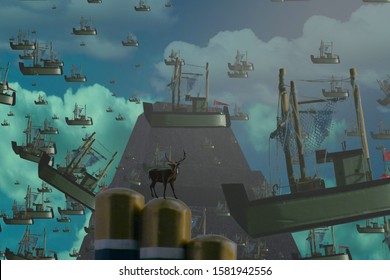 Boat. Sea Ship. Human Standing On An Edge. Imaginary World. Alternative Realm. Surrealism. Dreamlike Abstract Imaginary Image. 2d Illustration.