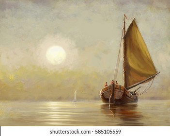 Boat, Sea,sun,oil Paintings, Digital Art