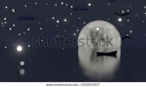 A boat silhouette is floating in a lake in\
snowy full moon night (3D\
Rendering)