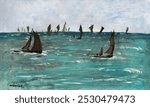 Boats at Berck-sur-Mer (1873) painting in high resolution by edouard Manet. Vintage boats at sea art drawing, old illustration, boat at sea art print. Vintage artwork by Edouard Manet.