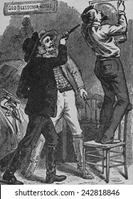 Bob Ford murdering Jesse James. His brother, Charles and Bob were Jesse's last partners, and may have been acting as a government agents or a reward seekers. April 3, 1882