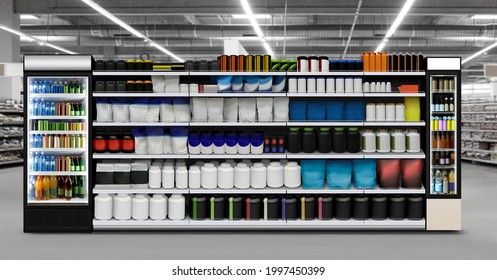 Body building supplements on shelf,  3D illustration is suitable for presenting new packaging or label designs among many others.
