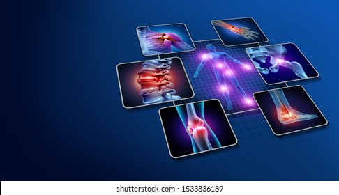 Body Joint Pain Concept As Human Skeleton And Muscle Anatomy Of The Body With A Group Of Sore Joints As A Painful Injury Or Arthritis Illness Symbol For Health Care With 3D Illustration Elements.