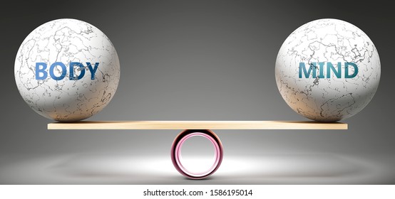 Body and mind in balance - pictured as balanced balls on scale that symbolize harmony and equity between Body and mind that is good and beneficial., 3d illustration