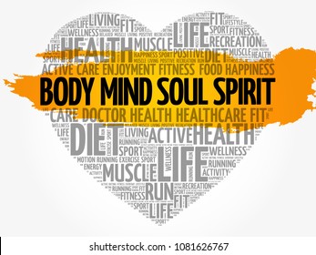 Body Mind Soul Spirit Heart Word Cloud, Fitness, Sport, Health Concept