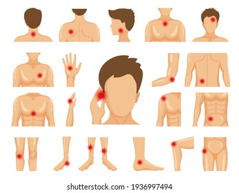 Body pain. Physical injury human trauma symbols on legs shoulders hands pain dots set