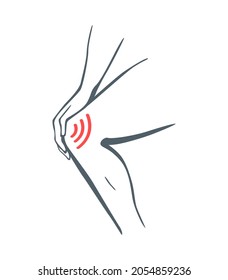 Body Part Pain. Man Feels Pain In Leg Or Knee Marked With Red Lines. Foci Of Pain Or Trauma Symbols, Grey Art Line Illustration