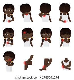 Body Parts Pain, Child Diseases Infographic Set. Little Black African American Or Brazilian Girl Kid Feels Pain In Different Parts Of Body Flat Illustration