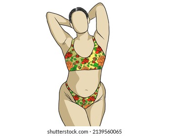 Body positive concept.Woman plus size.Confident obese women wearing a variety of swimwear,swimsuit or bikini in summer.Creative with illustration in flat design.