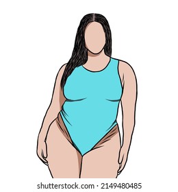 Body positive concept.Woman plus size.Confident obese women wearing a variety of swimwear,swimsuit or bikini in summer.Creative with illustration in flat design.