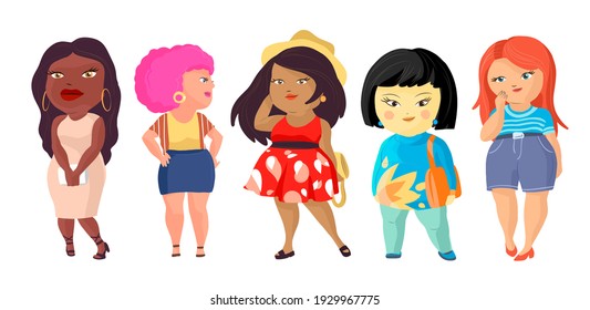 Body positive women illustration. Plus size girls cartoon characters of different nationalities. African, asian, european, latina beautiful smiling girls 