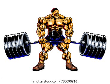 bodybuilder with a barbell, illustration, color, isolated on a white