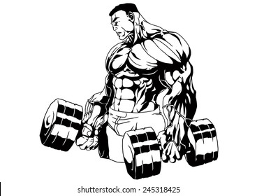 bodybuilder trains with two heavy dumbbells,illustration,black and white,drawing,outline