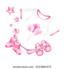 Bodysuit, socks, shoes, pacifier, stars composition. Pink newborn girl items set for baby shower. Watercolor hand drawn illustration isolated on white background. For invitation cards, design, decor. - Powered by Shutterstock