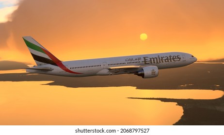 Boeing 777 Emirates Sunset Fly On Flight Simulator 2020 Game, 3 Nov, 2021, Sao Paulo, Brazil