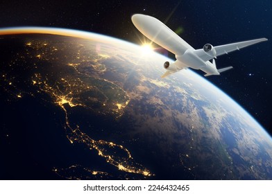 Boeing plane flies over Thai airspace in the early morning, Thailand's map is drawn by a light trail at night, overlooking the world and galaxy. element of images furnished by NASA. 3D render