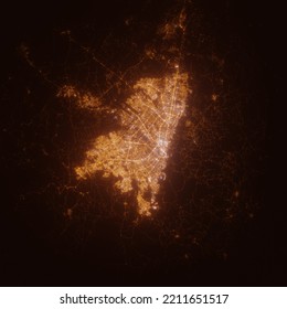 Bogota (Colombia) Street Lights Map. Satellite View On Modern City At Night. Imitation Of Aerial View On Roads Network. 3d Render, High Resolution