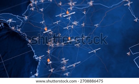 Bogota map big data visualization. Futuristic map infographic of city in Colombia. Visual map data complexity in modern blue and orange colors. 3D Illustration