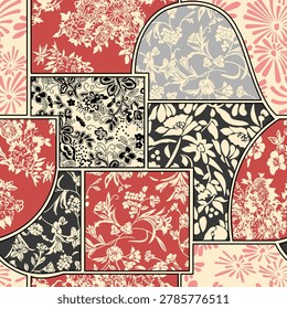 Bohemian and ethnic Patchwork Seamless Pattern with Ethnic Paisley and Floral Elements