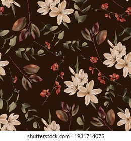 Bohemian Floral Seamless Pattern With Dark Brown Background, White And Red Watercolor  Flowers