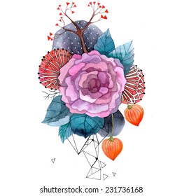 Bohemian Floral Watercolor Illustration. Unusual Artwork.