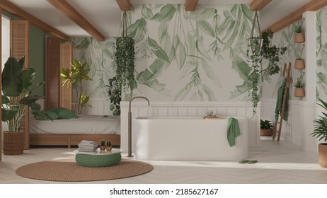 Bohemian wooden bathroom and bedroom in boho style in white and green tones. Bathtub, bed and towel rack, potted plants. Tropical wallpaper. Country vintage interior design, 3d illustration - Powered by Shutterstock