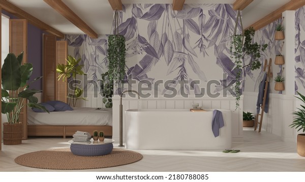 Bohemian wooden bathroom and bedroom in boho style in white and purple tones. Bathtub, bed and towel rack, potted plants. Tropical wallpaper. Country vintage interior design, 3d illustration