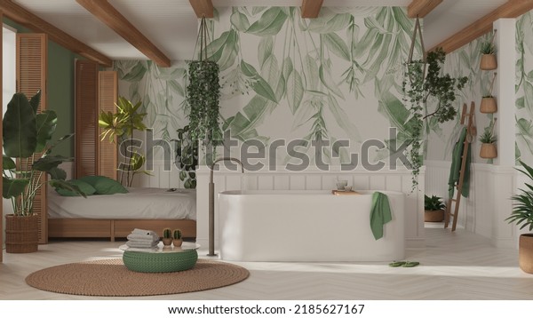 Bohemian wooden bathroom and bedroom in boho style in white and green tones. Bathtub, bed and towel rack, potted plants. Tropical wallpaper. Country vintage interior design, 3d illustration