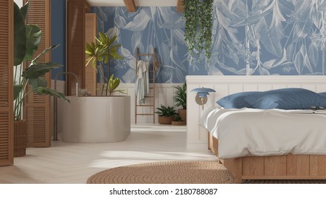 Bohemian wooden bedroom and bathroom in boho style in white and blue tones. Bed, bathtub and jute carpet, potted plants. Window with shutters. Country vintage interior design, 3d illustration - Powered by Shutterstock