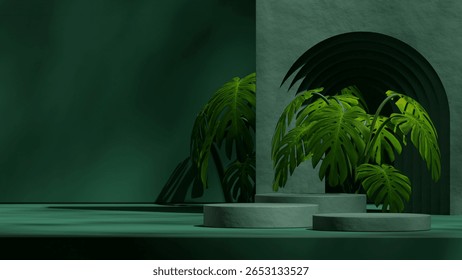 boho arch, 3d render image blank mockup green color curved cylinder in landscape