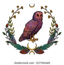 Boho birds illustration. Hand-drawn owl. Colored. Floral composition. Vintage element. Wiccan and pagan art. Decorative nature. Isolated on white