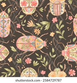 Boho bugs seamless pattern with floral elements. Watercolor design element.